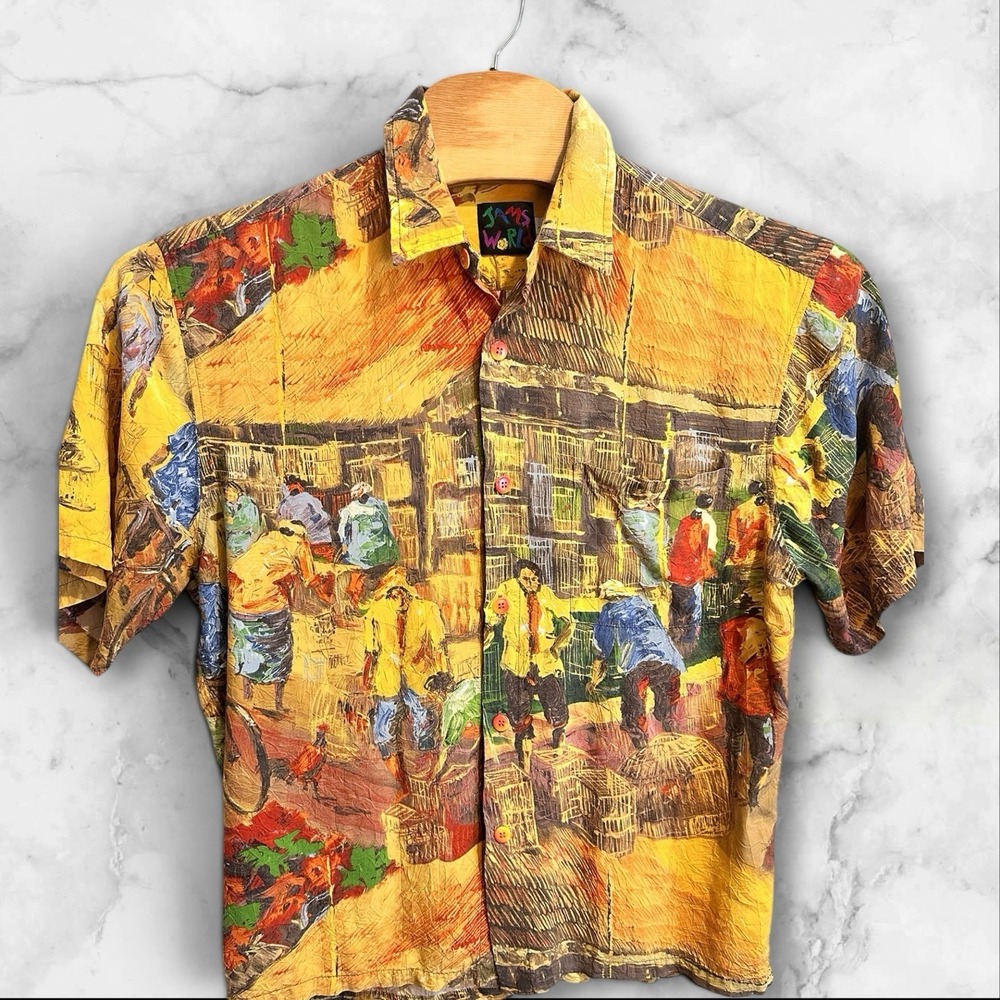 Vintage Jams World VILLAGE Print Hawaiian Shirt Size Large‎ Rayon Aloha Rare🔥